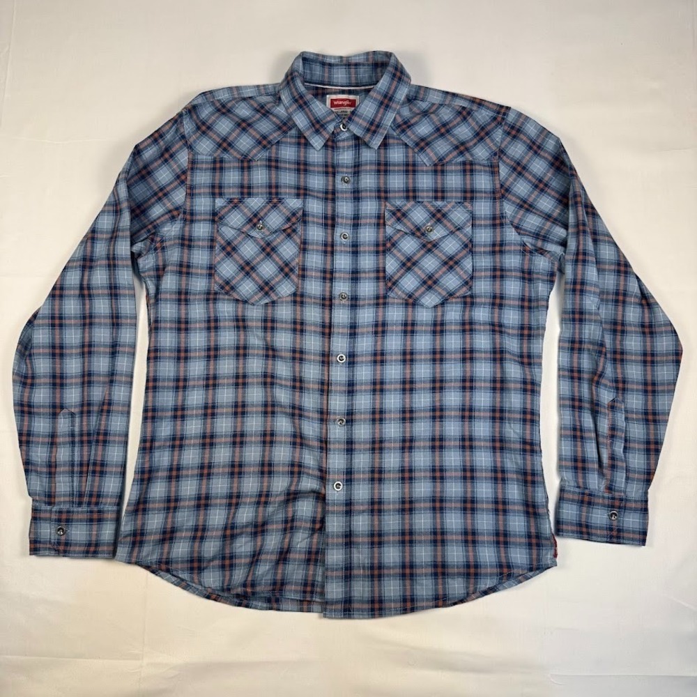 Wrangler Shirt Mens Large Blue Plaid Stretch Button up Western Rodeo Cowboy‎